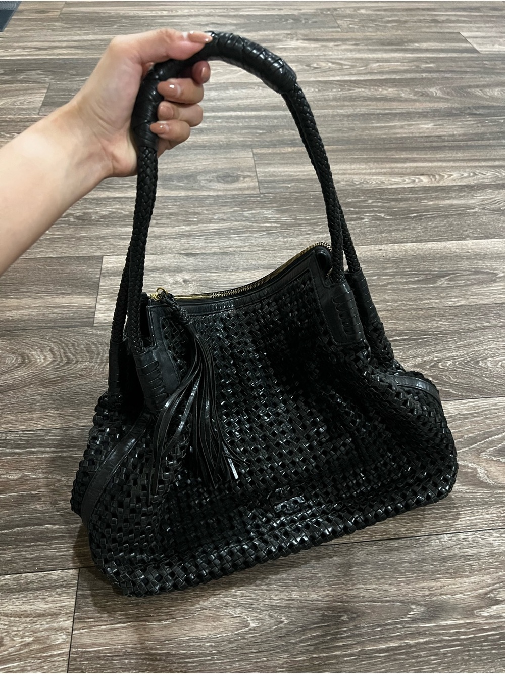 Tory Burch Taylor Hobo Black Woven Leather Shoulder Bag with Tassel Y2K
